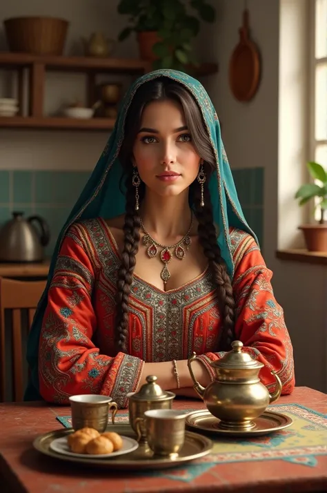 AI woman in traditional Algerian dress sitting at kitchen table in front of coffee set with realistic features