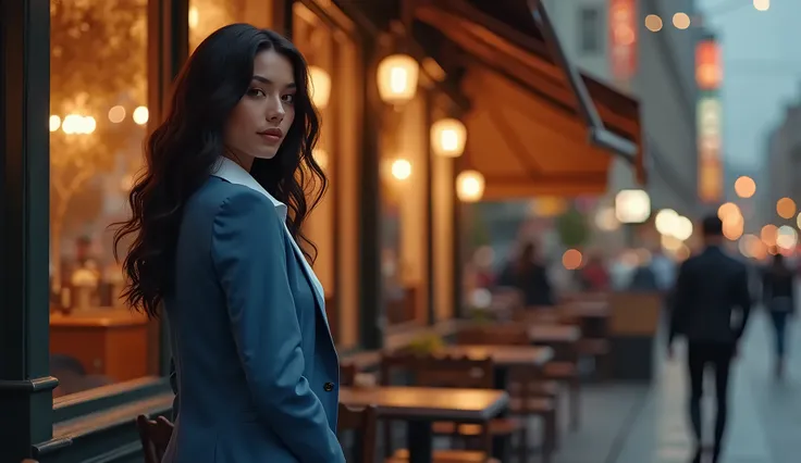 ((( side of the woman takes up three minutes on the left side of the screen ))),Side shot,  shot from behind of a woman ,background: , a firm and well-groomed physique ,  in front of a stylish cafe in the city center at night .  is warmly lit and worn with...