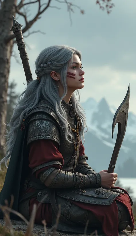 dovahkiin, girl with gray hair, with a clan tattoo of a pair of red stripes on her right cheekbone, the elder scrolls 5 skyrim, in nord armor, holding a glaive in his hands, sits on the ground, looks at the sky