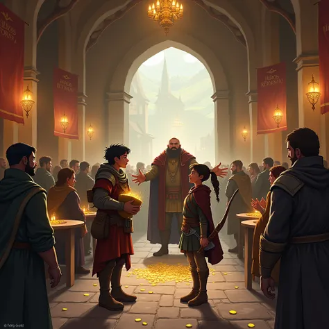 "Create a fantasy book cover that depicts a celebratory return of heroes to a bustling guild hall. The scene should include:

1. **Foreground Characters**:
   - **Eldric**: A young warrior with dark hair, wearing a travel-worn tunic and holding a heavy pou...