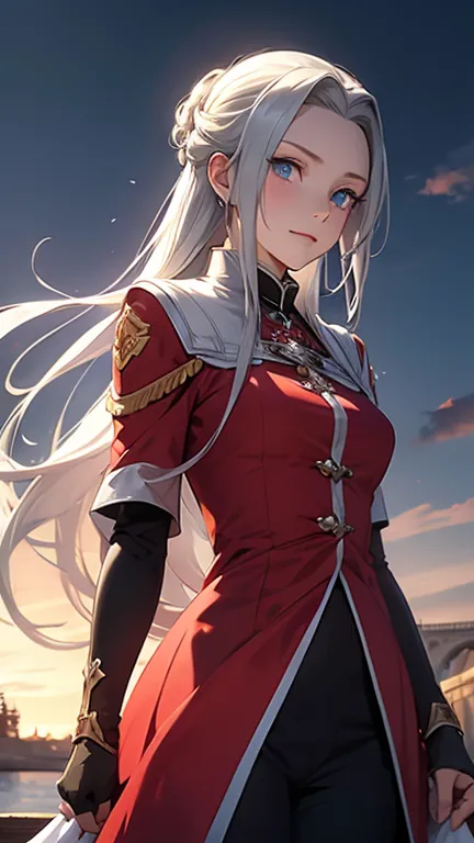 Edelgard&#39;s photo_ Academy,   hair bow,  black jacket from right,  black dress,  ascot , red pantyhose, White gloves,  High Heels , Walking the battlefield,  moonlight, full moon, young, Teen, ( skinny),  smaller ,  smaller,  1 girl, (((3d,  Video Games...