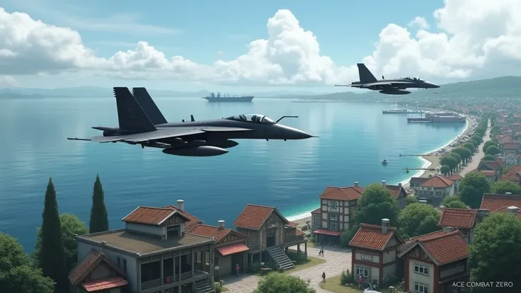 Ace Combat Zero: Operation Bloom, a quiet port town facing the sea, 1 F-15C Eagle, 1 F-16 Army offshore transport ship deployed to the city