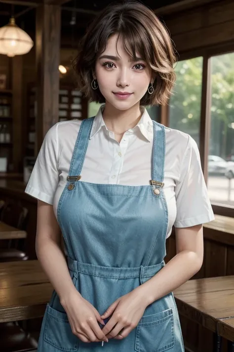 (Zaid G),nffsw:1.2,(超realistic:1.50),(realistic:1.4),highest quality,table top, Super high resolution (realistic: 1.4),22-year-old female clerk at a famous cafe.,(break　White cotton collared shirt with store name:1.2),break　denim hot pants,(break　Please we...