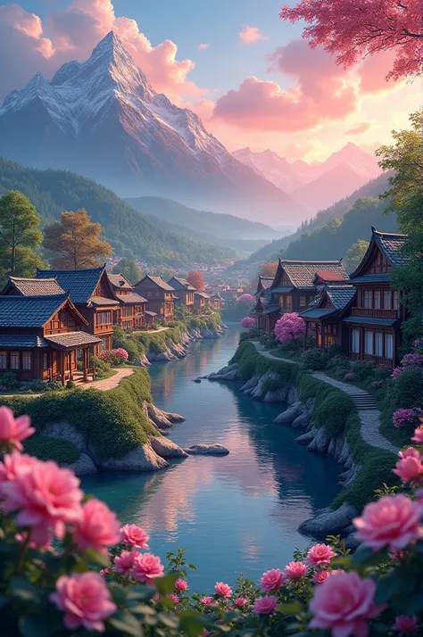 Small village by the river, mountains in the background, colorful pink flowers, detailed landscape, beautiful scenery, atmospheric lighting, scorching sunset, warm colors, practical, photography, detailed foliage, intricate buildings, cobblestone street, c...