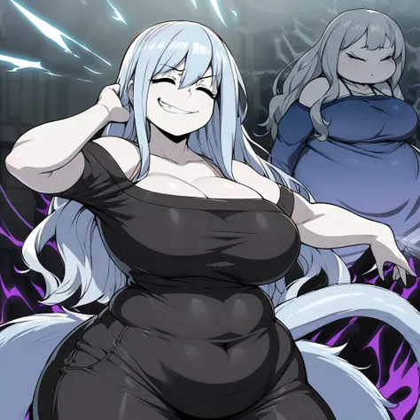 Anime, high detailed, Chubby girl, plump, cute pose, tall, large tail, Large breasts, long hair (((shoulders lenght))), curvy body, pale skin, closed eyes,  casual clothes, evil grin (((drolling))), dark fiering aura