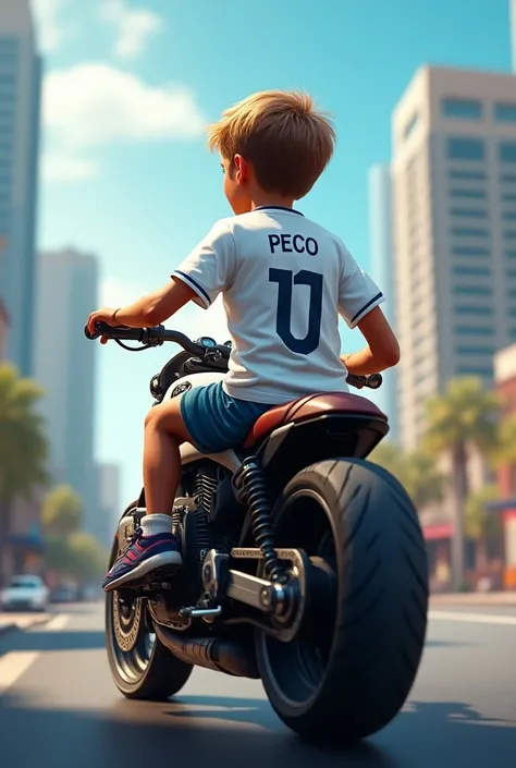 Boy with BWM motorcycle and Real Madrid shirt with the name Peco
