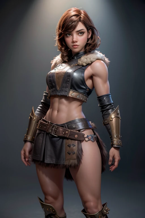 young viking woman , short brown hair, ojos marrones, leather armor, top leather straps ,  muscular shirt , fur skirt, bushy eye...