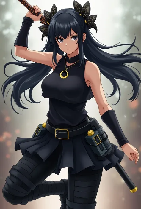  Ninja girl with black hair , with two bows and a band with an eclipse symbol around the neck,  vest and black sleeve shirt ( vest blacker than the sleeved shirt )  small shorts and weapons on the legs that cover what is left of the legs, All Naruto style ...