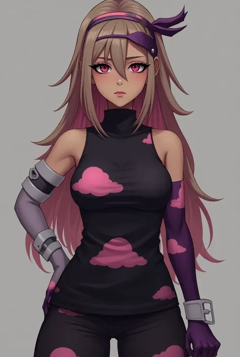 
 make the following image 
My character ,
She has brown skin.  she has red eyes and dark makeup under her eyes , light brown straight hair,  the outfit is a black tank top with details of pink clouds , high throat, And she wears a purple glove on one hand...