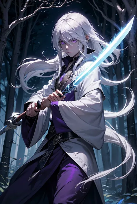 adolescent male drow, wearing wizard robes, long white hair, purple eyes, light gray skin, striking a heroic pose, wielding a long thin sword, haunted woods, liminal space