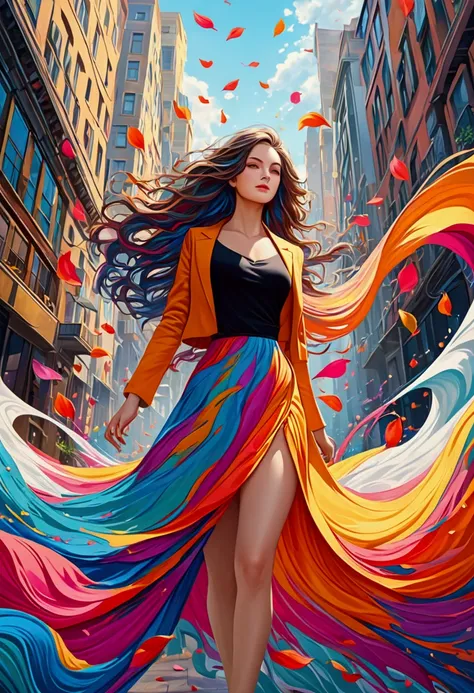 a colorful abstract painting, pretty girl, walk, Fashion，City background, Random color hair,  super long hair , Wave, wind,  Flying Petals, Intense gaze, vibrant colors, abstract art, dynamic composition, fluid brushstrokes, textured background, mesmerizin...