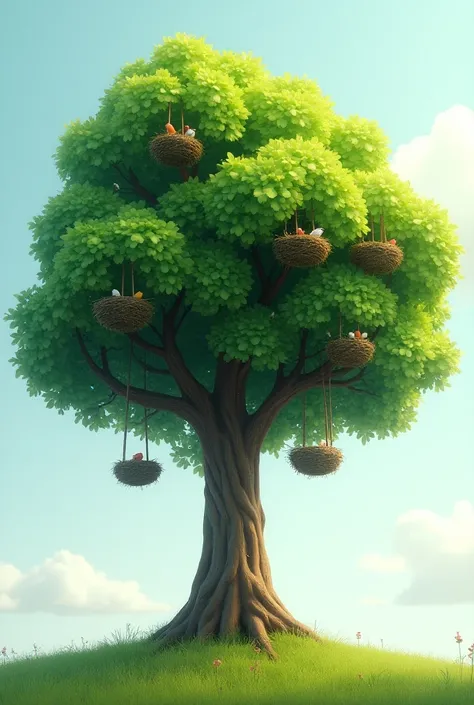  Tree with leaves and 5 visible bird nests, with grass base  