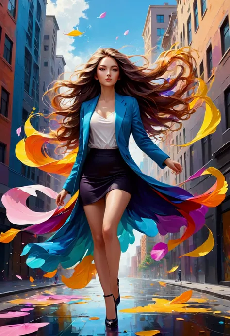 a colorful abstract painting, pretty girl, walk, Fashion，City background, Random color hair,  super long hair , Wave, wind,  Flying Petals, Intense gaze, vibrant colors, abstract art, dynamic composition, fluid brushstrokes, textured background, mesmerizin...