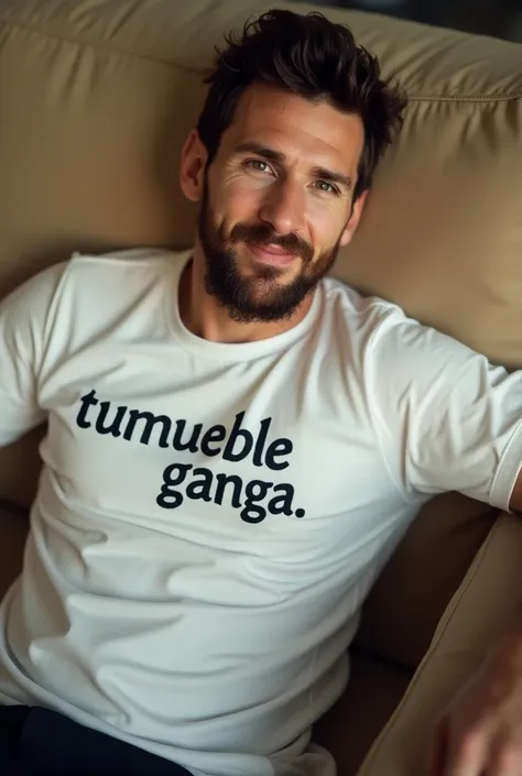 Messi wearing a t-shirt that reads Tumuebleganga sitting on a beige sofa 