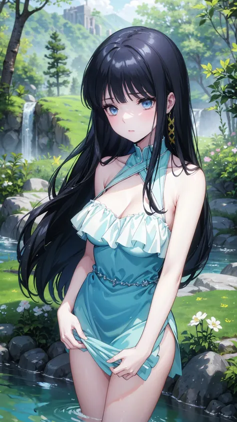    A charming lady stood under a blue sky , Surrounded by dense green vegetation and a serene waterscape ， Shes long ,  Her black hair poured down like a waterfall  。   Her bangs outlined her striking blue eyes   ，   She drew the audiences attention   。  S...