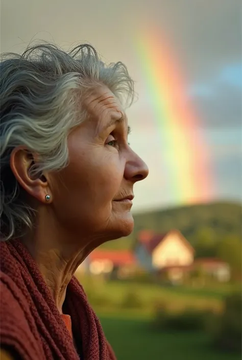  A close up of grandmothers face as she explains the meaning of the rainbow. Her expression is wise and gentle .  The background shows a faded rainbow and the serene village ,  symbolizing the connection between nature and life lessons .