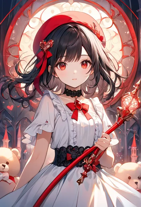 Upper body close-up（((masterpiece), on)A lively and highly detailed illustration of a young girl in a whimsical fantasy setting with an anime aesthetic. The girl has short, wavy black hair with red tips and vibrant red eyes, giving her a magical presence. ...