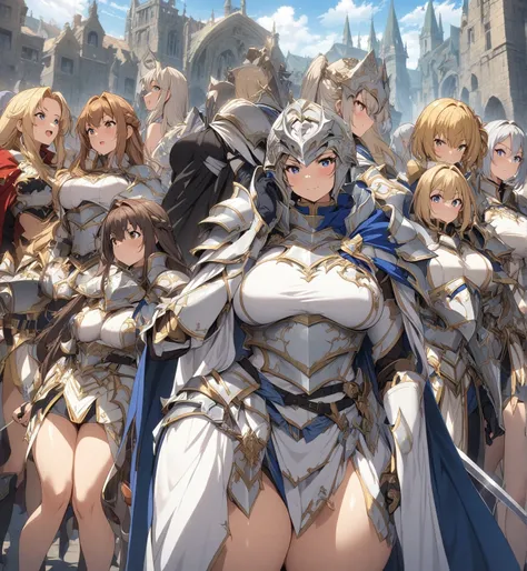 Anime, well detailed, paladin, paladins clothes, Cape, multiple girls, girls surrounding, curvy body, sword