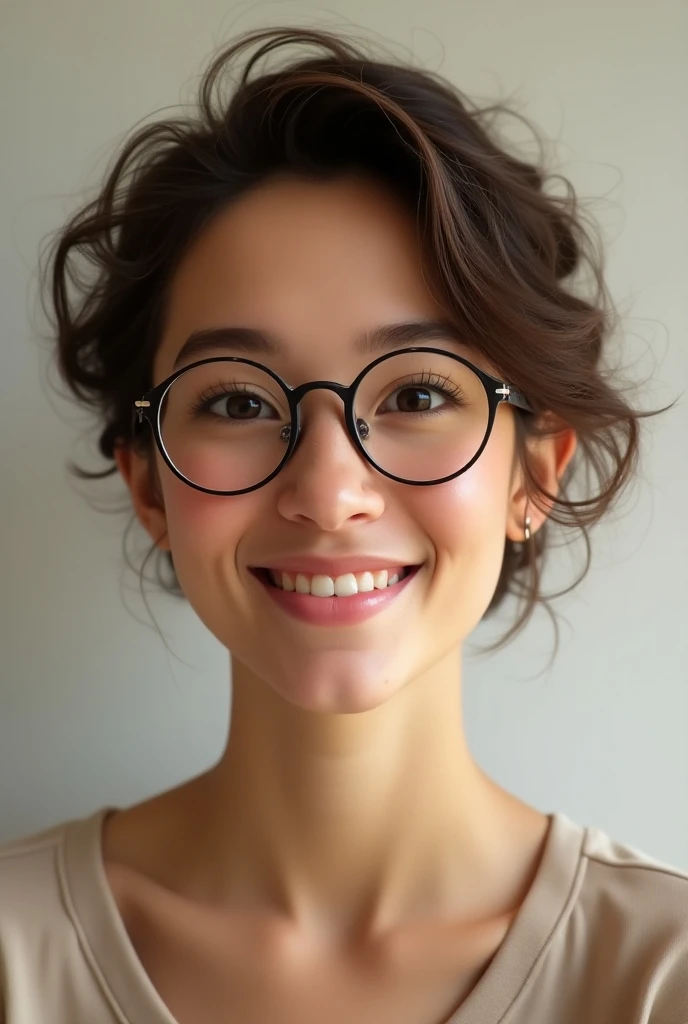 White girl of approximately  ,  wears glasses and has a friendly smile .  Her hair is cut at the height of the ears and is curly.  She also wears small glasses with round lenses 