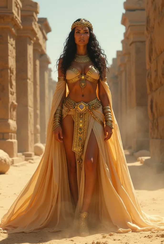 Egypt - Sand Sorceress: An Egyptian female villain in flowing, gold-embellished robes, with glowing eyes and sand swirling around her. She stands near ancient ruins, a sly smile as if she knows all the secrets hidden beneath the desert. Parameters: --ar 9:16 --style raw --stylize 700 --v 6.1,.realistic,high definition,4k