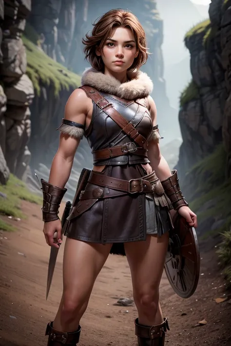 young viking woman , short brown hair, ojos marrones, leather armor, top leather straps ,  muscular shirt , fur skirt, bushy eye...