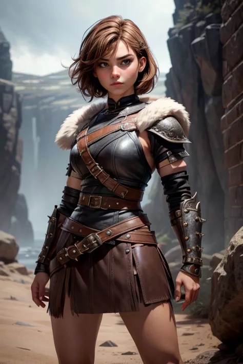 young viking woman , short brown hair, ojos marrones, leather armor, top leather straps ,  muscular shirt , fur skirt, bushy eye...