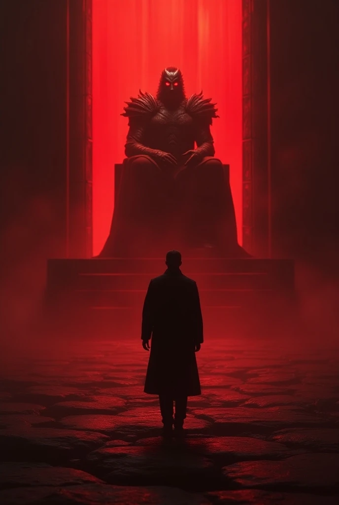 The shadow of a man with short hair , entering the gates of the underworld ,  the surrounding space has a scarlet atmosphere , In front of you, a great throne ,  where the king of hell rests on it , Hades,  who wore neck-length armor and looked intimidatin...