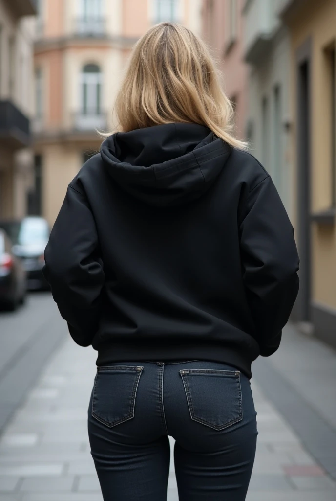 Blonde woman in black jeans 

black jacket standing on the sidewalk, very tight dark blue jeans, Close to slim , image from behind, Tight fit,  toned butt , 8K)), Shot from behind,  in jeans and a black sweatshirt ,  tight jeans ,  Seen from behind ,  thic...