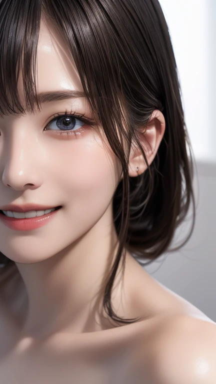 (Best Quality,8K quality,masterpiece:1.3),(  ultra high resolution ,Realistic:1.4,Live Shooting),(Super detailed, caustics),( Ultra Realistic Capture,   Beautiful and delicate skin  ,   Beautiful Japan ,    asymmetrical bangs ,  Smiling at the camera ,Soft...