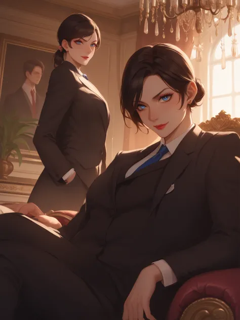 A scene of twin sisters in suits, set in an elegant interior. The sister with short black hair is sitting on a sofa, looking straight ahead with a mischievous smile, wearing a tailored black suit with a red tie. Next to her stands the twin sister with a po...