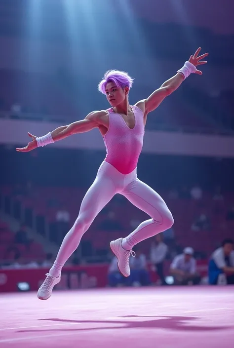 uhd 8k artistic gymnastics with cool kayang style, Teen Young Korean Young Guy Bright Light Purple Hair Wearing Tight Suit White Pink Thin Fiery Full Elements Displays Muscular Looks Wear Moderate Running Shoes Stylish Artistic Gymnastics Wide Leg Up Indoo...