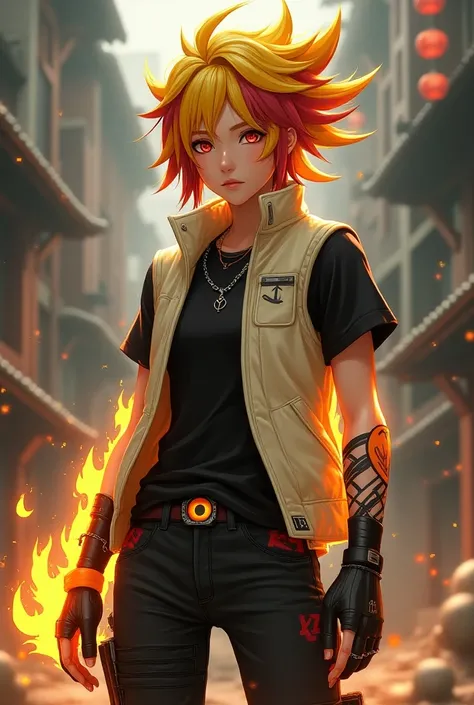   ninja teenager with yellow and red hair , band with eclipse symbol , cream colored vest, black shirt,  black jeans with a little bit of red and an arm covered in fire, Everything with Naruto Essence