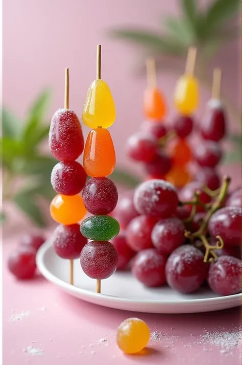 Grape skewers and gummies ,  that have a grape and a gummy so interspersed
