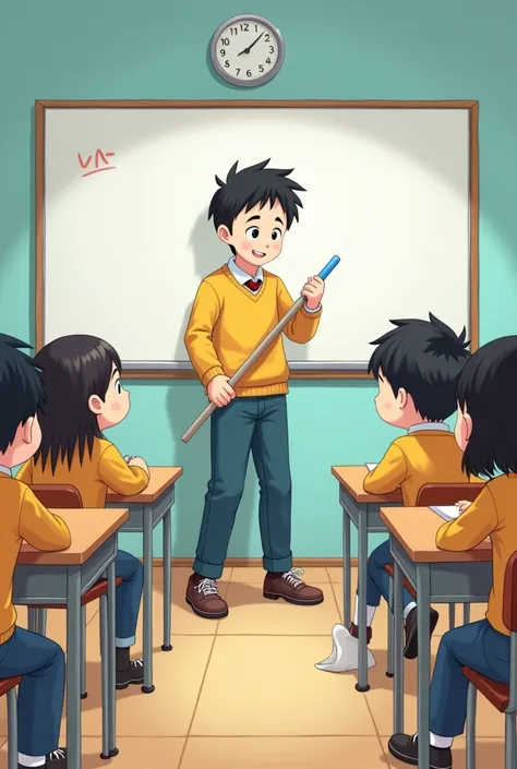 In one classroom ， there were four primary school students ， of which three students ruined the classroom cleaning ,  Another male student was working hard to clean the school independently。cartoon style。