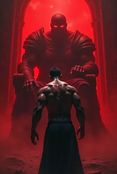 The shadow of a muscular man with short hair, entering the gates of the underworld ,  the surrounding space has a scarlet atmosphere , In front of you, a throne,  where the king of hell rests on it , Hades,  who wore armor up to his neck and looked intimid...