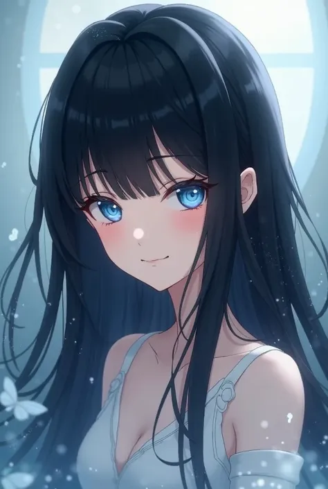  long hair, 1 , blue eyes,  black hair ,  Very long hair, anime, ANIME STYLE, 