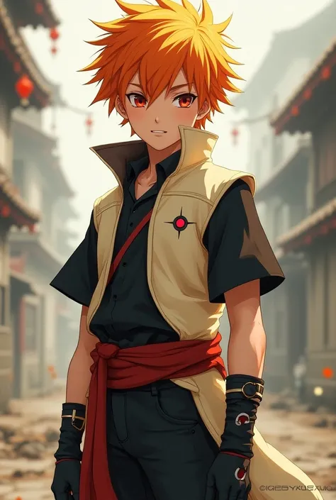   ninja boy with yellow and red hair, band with eclipse symbol , cream colored vest, black shirt, black jeans with a little bit of red , Everything with Naruto Essence