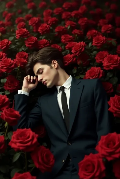 ((masterpiece, highest quality, Highest image quality, High resolution, photorealistic, Raw photo, Extremely detailed CG unified 8k wallpaper)), stylish Italian man in suit sleeping among roses, a final goodbye, pale white skin