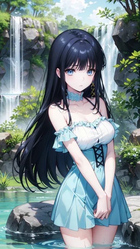    A charming lady stood under a blue sky , Surrounded by dense green vegetation and a serene waterscape ， Shes long ,  Her black hair poured down like a waterfall  。   Her bangs outlined her striking blue eyes   ，   She drew the audiences attention   。  S...