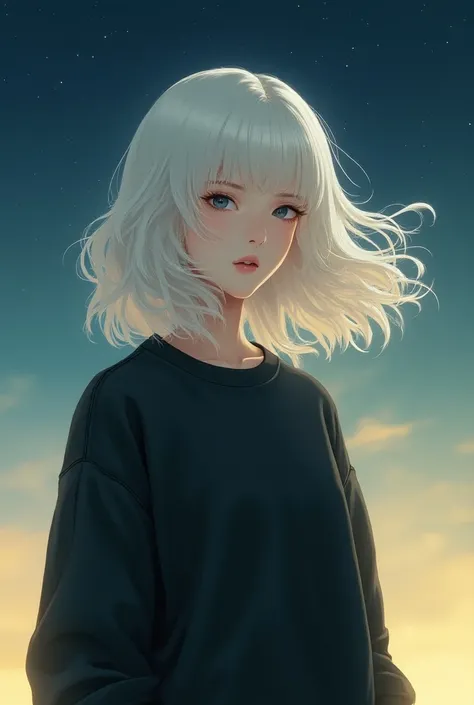 Girl with long white hair bangs a black sweatshirt 
And I look at the beginning yellow and above dark blue dotted lights details 