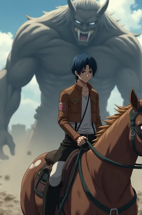  Screenshot of Shingeki no Kyojin . 
Man with blue hair  (Something long)  with parts of the horses left side lighter ,  right eye white with a scratch and left eye purple, with a height of 1.54,  riding a horse while seeing a titan .