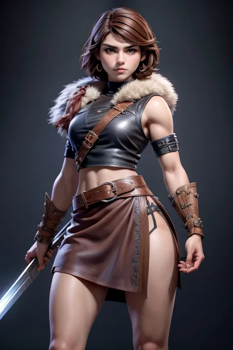 young viking woman , short brown hair, ojos marrones, leather armor, top leather straps ,  muscular shirt , fur skirt, bushy eye...