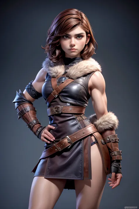 young viking woman , short brown hair, ojos marrones, leather armor, top leather straps ,  muscular shirt , fur skirt, bushy eye...