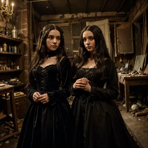 A girl with long dark hair in a velvet long dress in an old dilapidated dark doll workshop there is twilight next to a man with long dark hair in a Victorian outfit closed around many 19th century French dolls 