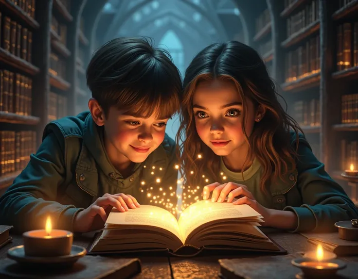  two teenagers in a magic library ,  surrounded by old books and enchanted objects . on a table,  there is an open book with a story that uses a magic object.  Teenagers are looking at the book carefully , while a magical light emanates from the book ,  il...