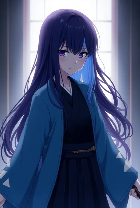 Dark purple long hair that hides the waist 　Black and blue hair　 turn a section of ones bangs blue blue blue with blue highlights on the bangs　 part of the bangs is light blue 　Dark Eyes　Sharp, Cool Eyes 　Light blue haori coat　Blue coat with white triangul...