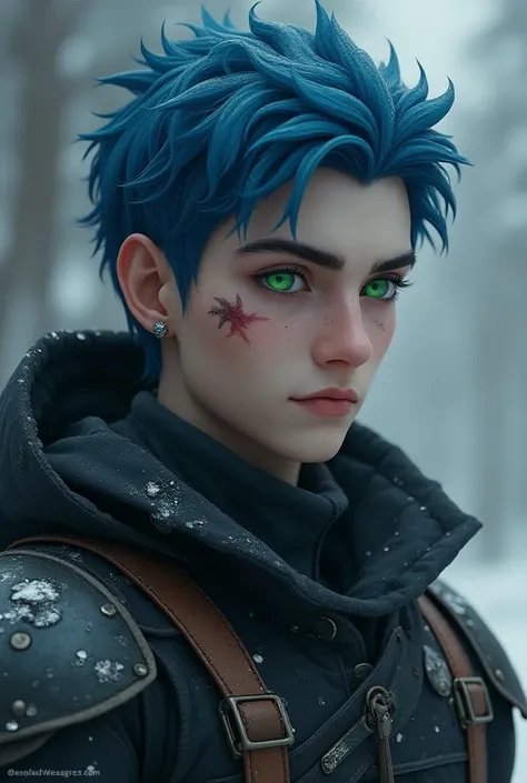 Defteros has pale skin , you have an excellent physique  ,  measures 1 .90cm,  has blue hair,  you have very bright green eyes and a tattoo on your right shoulder,  you have a scar on your right eye like subzero 