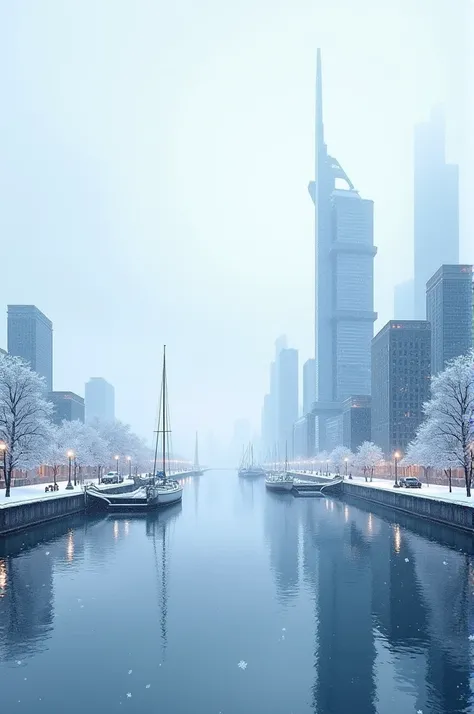 Seaport city, snowy weather, Horizontal photo frames, only cool colors like blue, white, modern urban