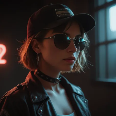 Close-up do rosto, Alternative girl,  looking over black sunglasses, jacket, collar,  neon light reflections on the skin, earring, makeup,  skin imperfections,  short hair, hat, neon light background , low light,  depth of field, highly detailed, High cont...