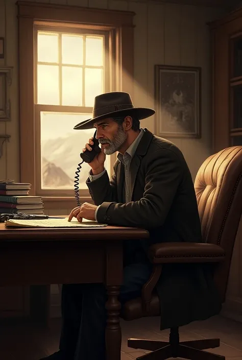 30-year-old detective receives a phone call on his answering machine he is in his office, The image of be animated hey happens in the Wild West  